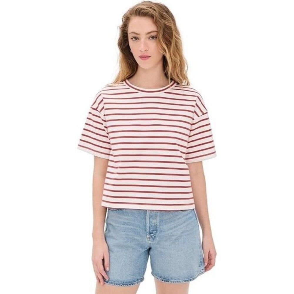 MADEWELL Everyday Boxy Crop Tee in Stripe XXS Lighthouse Red NWT B66